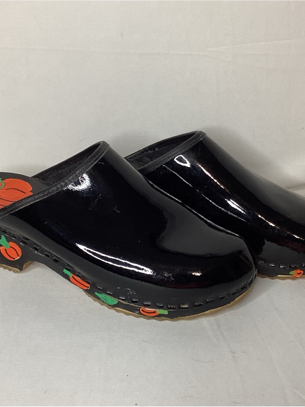 Women’s Black Patent Clog Shoes with Pumpkin Accent